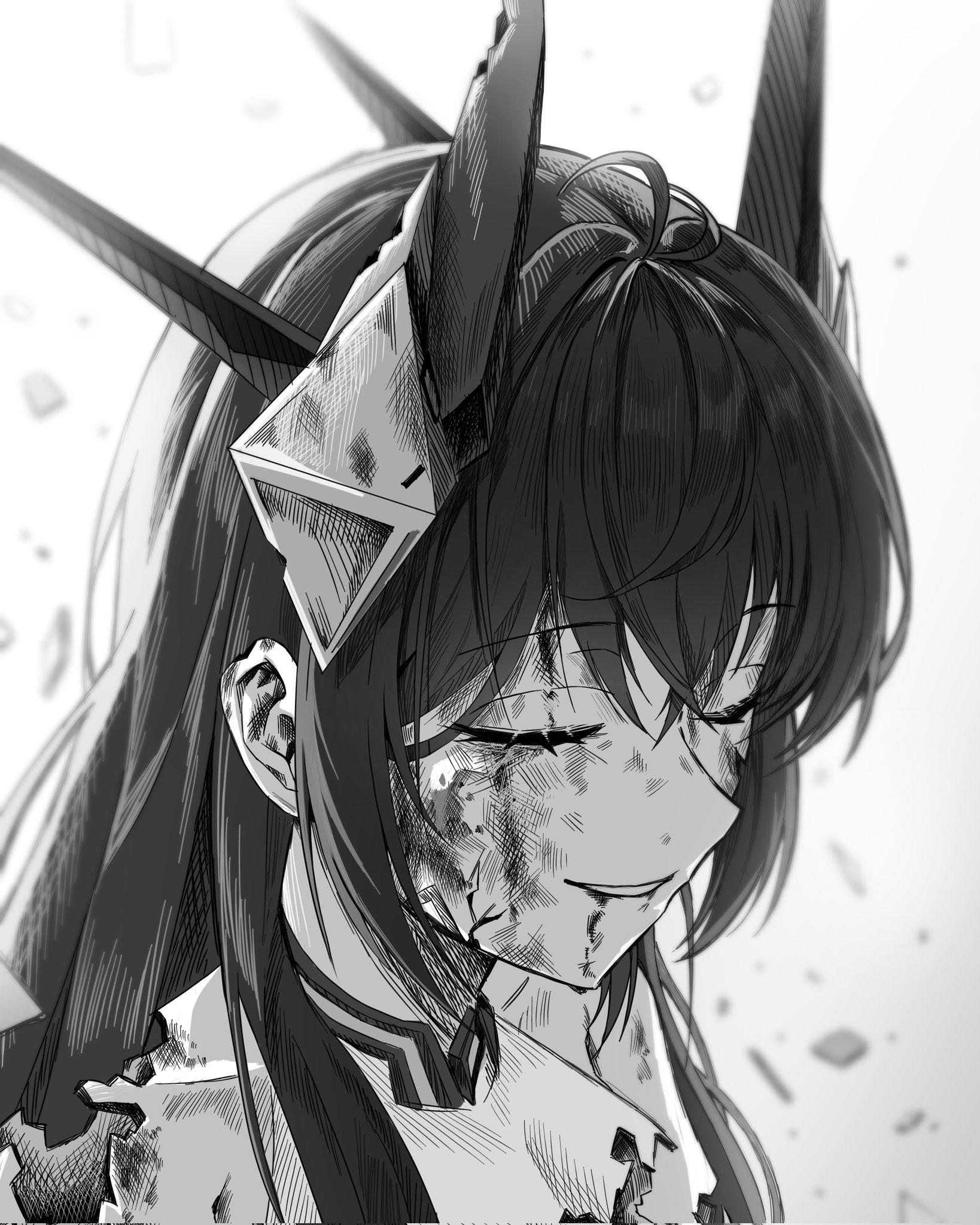 makaer1117, harran (nikke), goddess of victory: nikke, commentary, english commentary, highres, 1girl, bare shoulders, blood, blood on face, blurry, blurry background, closed eyes, dirty, dirty face, greyscale, hair between eyes, horns, long hair, mechanical horns, monochrome, parted lips, portrait, sidelocks, smile, solo