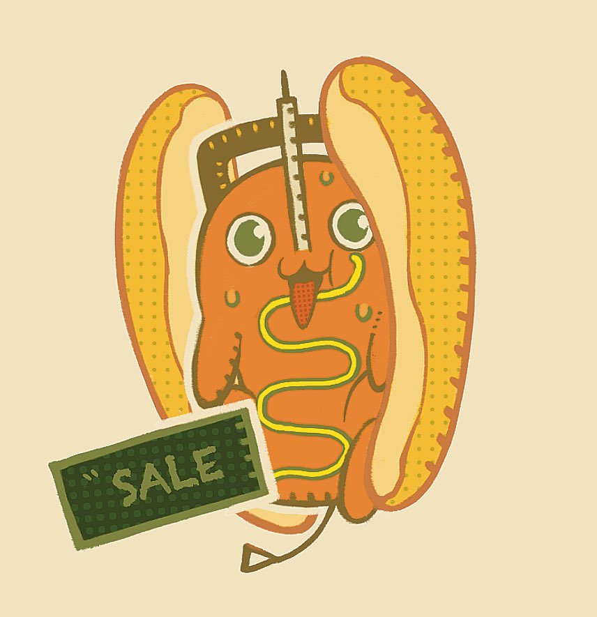 tuzaixia, pochita (chainsaw man), chainsaw man, commentary, symbol-only commentary, chainsaw, creature, creature focus, hot dog bun, looking at viewer, no humans, open mouth, solo, sweat, tongue, tongue out