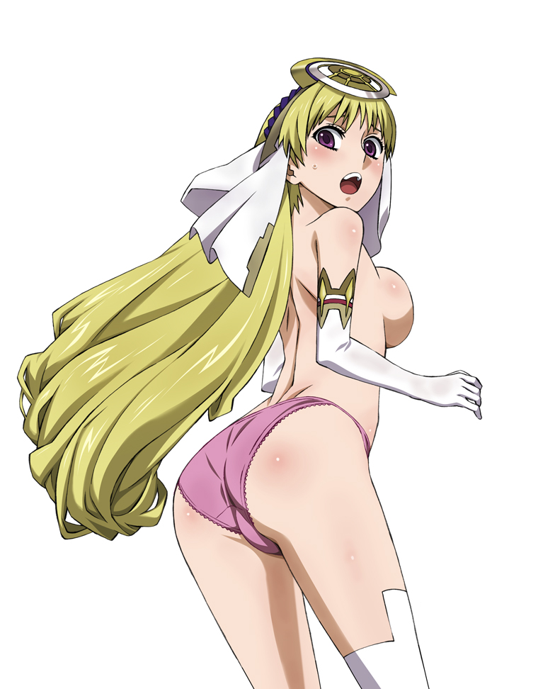 kekke, chroche latel pastalie, ar tonelico, ar tonelico ii, gust, 00s, 1girl, ass, blonde hair, blush, breasts, elbow gloves, female focus, gloves, large breasts, long hair, looking back, panties, purple eyes, simple background, solo, topless female, underwear, underwear only, white background