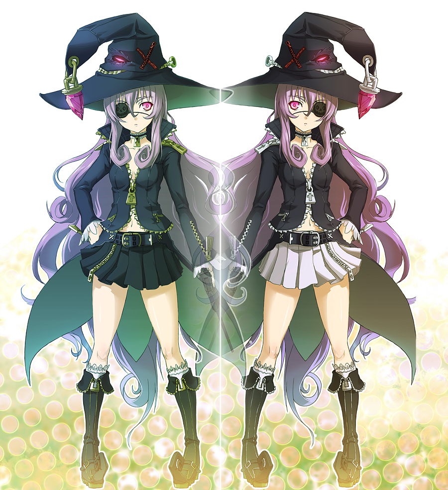 ookuma nekosuke, panda (pixiv), original, bad id, bad pixiv id, 2girls, asymmetrical clothes, belt, boots, choker, crystal, eyepatch, hat, knee boots, miniskirt, multiple girls, pink eyes, pleated skirt, purple hair, siblings, sisters, skirt, symmetry, twins, witch, witch hat, zipper