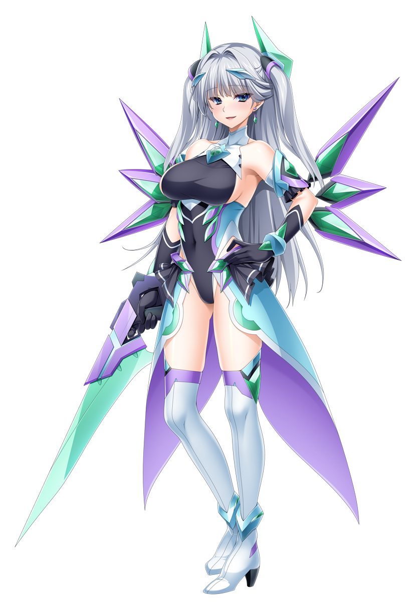 kamitsurugi ouka, kouyoku senki exs-tia concert, game cg, highres, large variant set, non-web source, official art, variant set, 1girl, bare shoulders, black gloves, black leotard, blue eyes, blush, boots, breasts, chest jewel, covered navel, earrings, elbow gloves, exs-tia avalas, full body, gloves, grey hair, hair intakes, hair ornament, hand on own hip, headgear, high heel boots, high heels, holding, holding sword, holding weapon, itakano shigure, jewelry, large breasts, leotard, long hair, looking at viewer, magical girl, open mouth, skin tight, smile, solo, standing, sword, tachi-e, thigh boots, thighhighs, transparent background, two side up, very long hair, weapon, white thighhighs