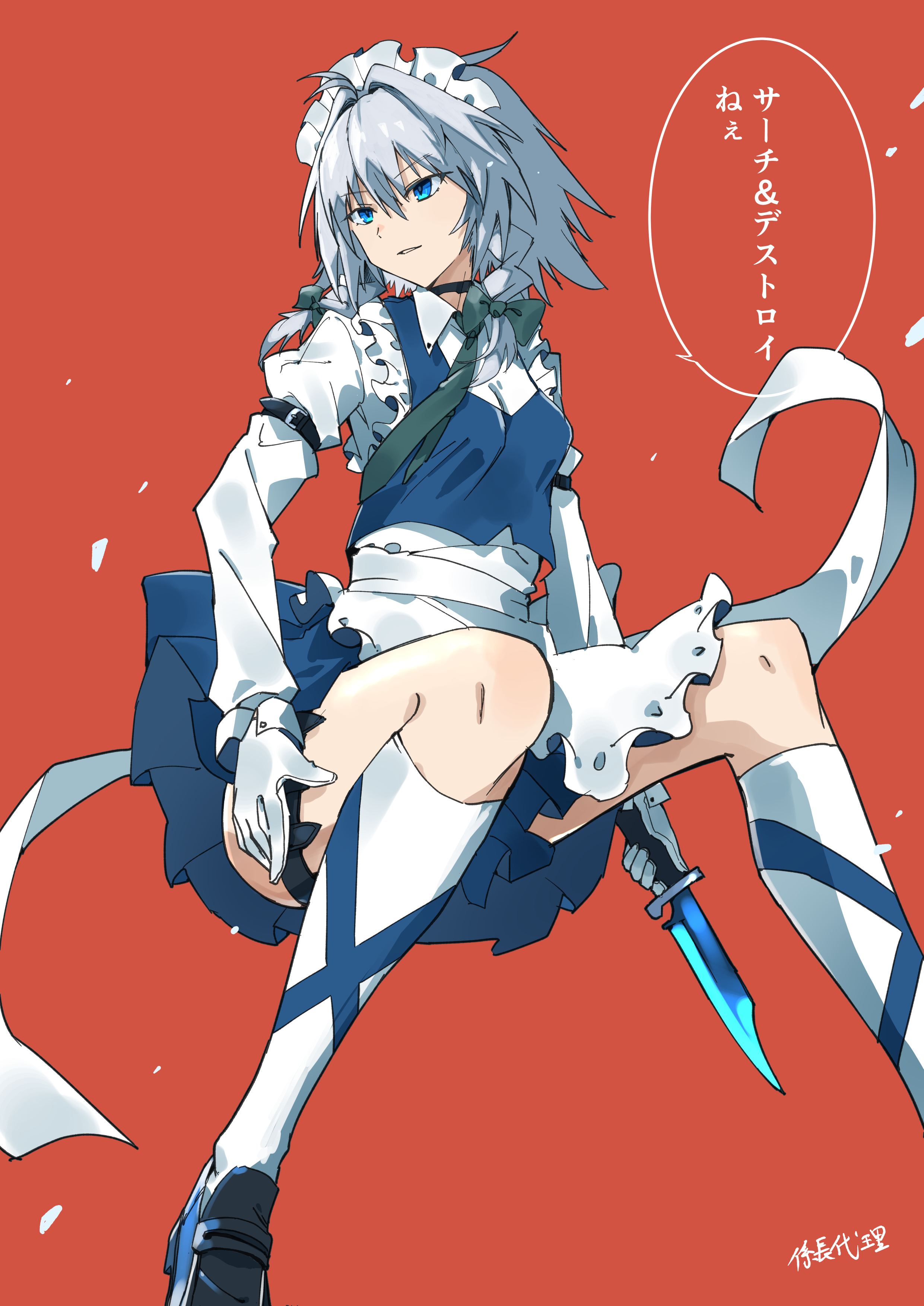 kakaricho dairi, izayoi sakuya, touhou, absurdres, commentary request, highres, translation request, 1girl, apron, arm belt, artist name, black choker, blue eyes, blue shoes, blue skirt, blue vest, bow, braid, choker, collared shirt, gloves, green bow, grey hair, hair bow, holding, holding knife, kneehighs, knife, loafers, long hair, maid, maid headdress, orange background, shirt, shoes, skirt, smile, socks, solo, speech bubble, twin braids, vest, waist apron, white apron, white gloves, white shirt, white socks