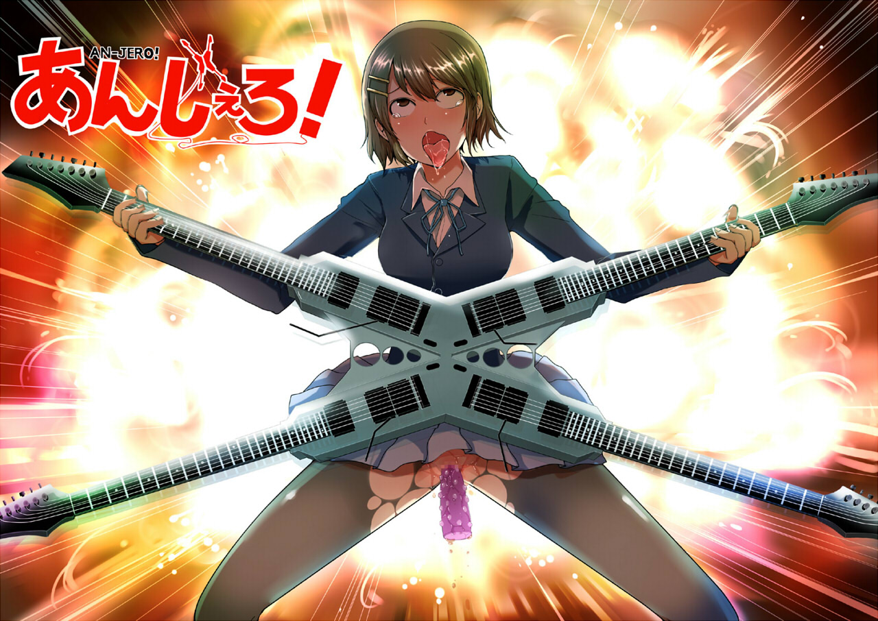 nakasone haiji, hirasawa yui, micheal angelo batio, k-on!, tenacious d, bad id, bad pixiv id, translation request, 1girl, ahegao, brown eyes, brown hair, censored, clothes lift, dildo, explosion, female focus, fire, fucked silly, guitar, hair ornament, hairclip, instrument, michael angelo batio, open mouth, orgasm, pantyhose, parody, pussy, pussy juice, quad guitar, rolling eyes, saliva, school uniform, sex toy, skirt, skirt lift, solo, spread legs, tears, tongue, torn clothes, torn pantyhose, vaginal, what