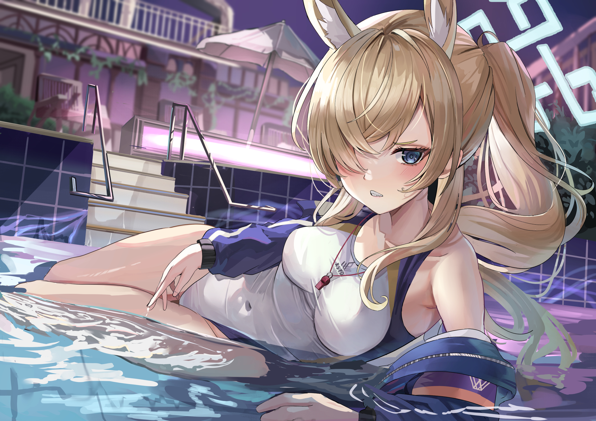 suidou chaahan, kanna (blue archive), kanna (swimsuit) (blue archive), blue archive, commentary, highres, 1girl, animal ear fluff, animal ears, aqua halo, arm support, blonde hair, blue eyes, blue jacket, blurry, blurry background, blush, breasts, collarbone, covered navel, crop top, dog ears, dog girl, extra ears, eyebrows hidden by hair, eyelashes, floating hair, full body, hair over one eye, halo, jacket, jacket partially removed, large breasts, long hair, long sleeves, looking at viewer, lying, night, official alternate costume, official alternate hairstyle, on side, one-piece swimsuit, one eye covered, open clothes, open jacket, outdoors, ponytail, pool, rectangular halo, sharp teeth, sidelocks, single bare shoulder, solo, swimsuit, teeth, thighs, track jacket, tsurime, v-shaped eyebrows, water, white one-piece swimsuit