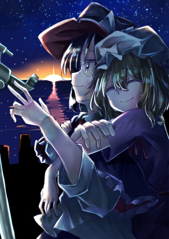 muraryo, maribel hearn, usami renko, touhou, 2girls, belt, black eyes, black hair, black hat, blonde hair, bow, building, city, closed eyes, closed mouth, collar, dress, dress ribbon, hair between eyes, hand on another's arm, hand on telescope, happy, hat, hat bow, hug, hug from behind, long dress, mob cap, multiple girls, necktie, night, night sky, shirt, short hair, short sleeves, sky, skyscraper, sleeve cuffs, smile, star (sky), sunset, telescope, white bow, white collar, white hat, white shirt, yuri