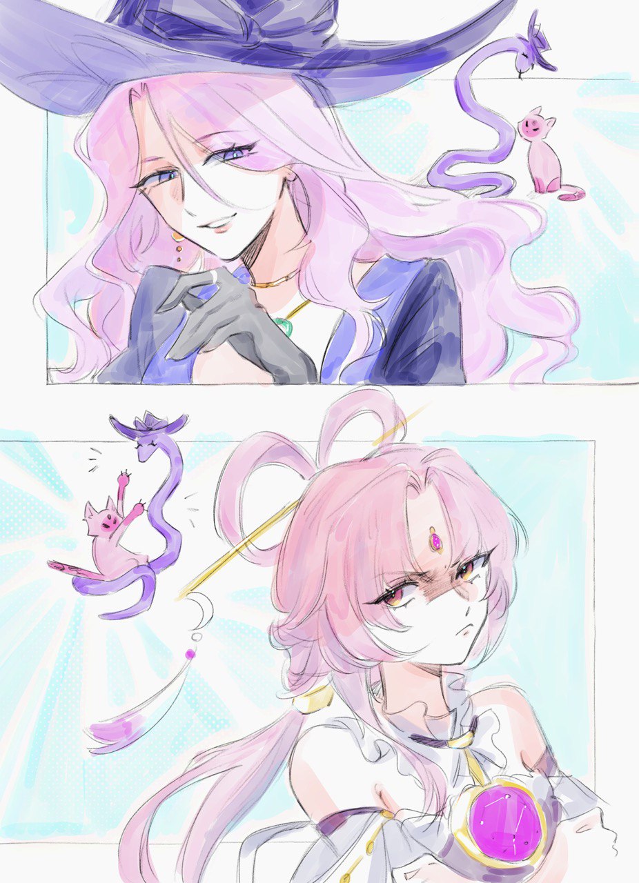 andromeda ys, fu xuan (honkai: star rail), jade (honkai: star rail), honkai: star rail, honkai (series), commentary, highres, symbol-only commentary, 2girls, animal, animal ears, animalization, bare shoulders, black gloves, blue background, blue pupils, border, cat, cat ears, cat tail, chinese clothes, closed mouth, constellation, crescent, crescent ornament, crossed arms, detached sleeves, dress, earrings, forehead jewel, frills, gem, gloves, hair between eyes, hair ornament, hair rings, hair stick, hand up, hat, jewelry, juliet sleeves, long hair, long hair between eyes, long sleeves, looking at another, looking down, looking up, low twintails, multiple girls, necklace, notice lines, outside border, parted bangs, pink eyes, pink gemstone, pink hair, pink lips, puffy sleeves, purple dress, purple eyes, purple hair, purple hat, ring, sidelocks, simple background, single earring, sleeveless, sleeveless dress, smile, snake, tail, tassel, teeth, twintails, upper body, v-shaped eyebrows, wavy hair, white border, white dress, white sleeves, wide sleeves