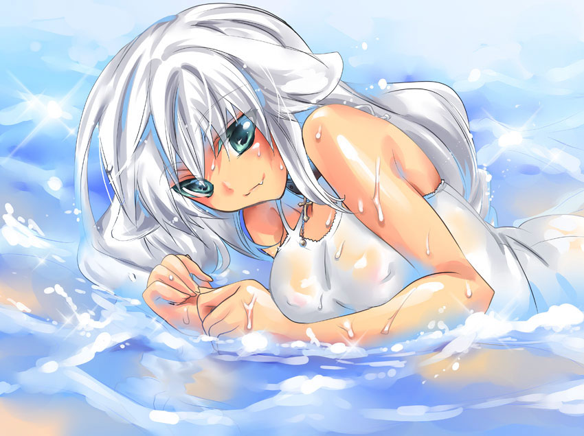 sanshoku amido, original, silver hair, 1girl, beach, blue eyes, breasts, fang, female focus, long hair, ocean, one-piece swimsuit, smile, solo, swimsuit, water
