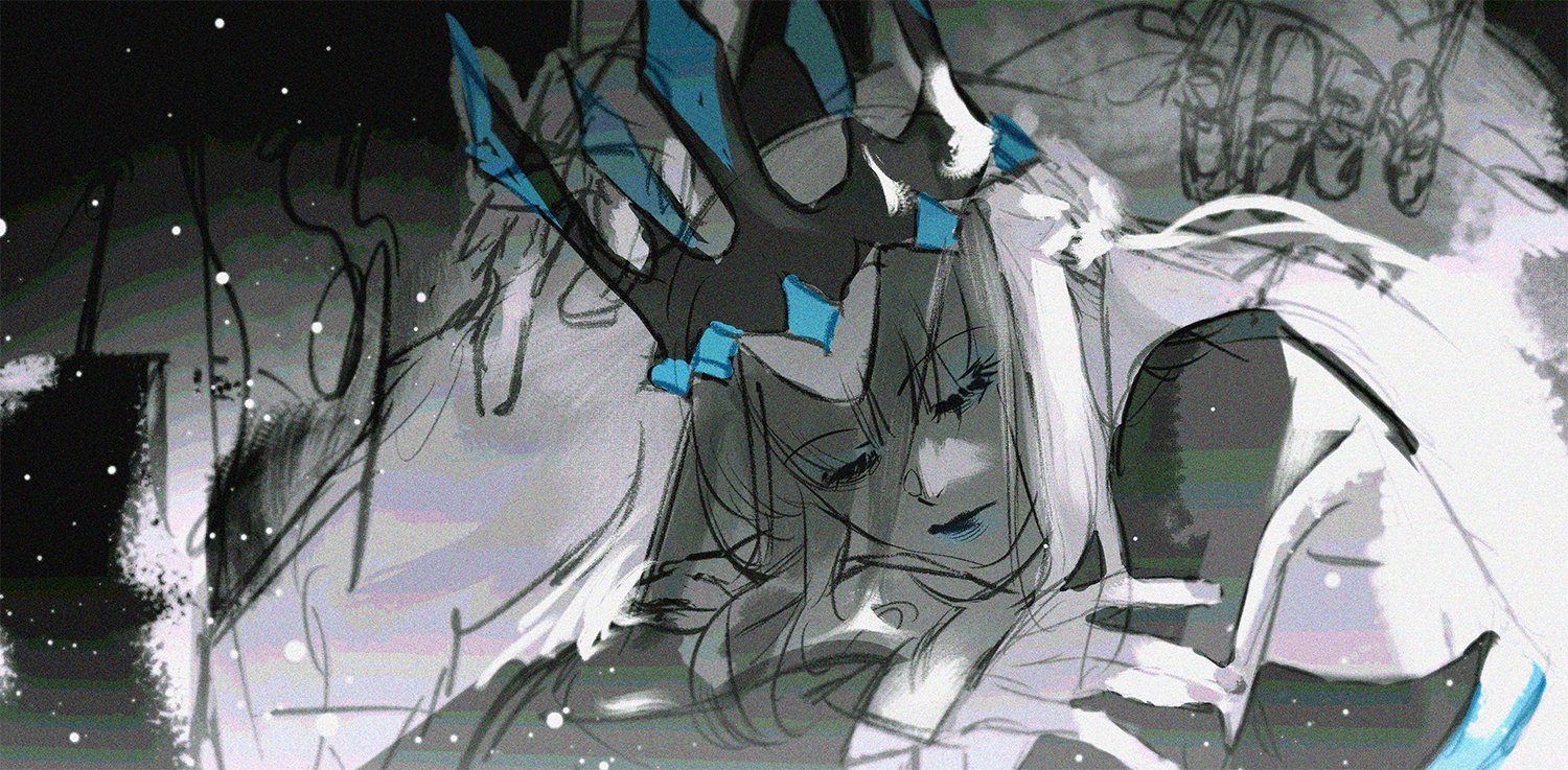 huixingweiqi, morgan le fay (fate), morgan le fay (queen of winter) (fate), fate/grand order, fate (series), 1girl, blue lips, closed eyes, crown, long hair, ponytail, sleeping, solo, veil, white hair