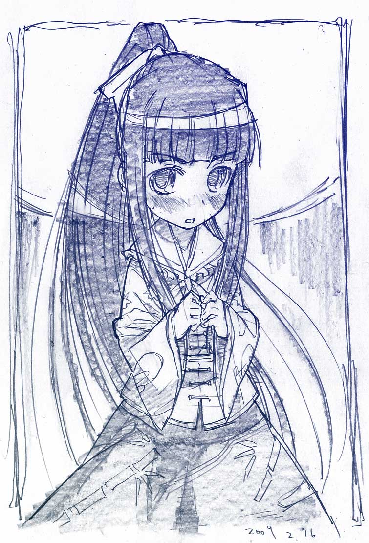 sakino shingetsu, houraisan kaguya, touhou, traditional media, 1girl, alternate hairstyle, blue theme, blunt bangs, blush, dated, female focus, frown, long hair, monochrome, ponytail, shy, solo