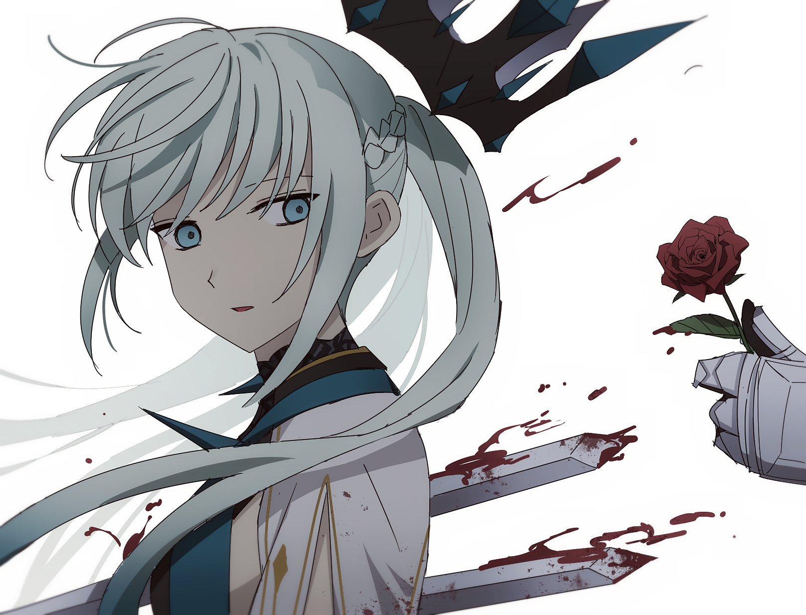 bobi, morgan le fay (fate), morgan le fay (queen of winter) (fate), fate/grand order, fate (series), highres, 1girl, black dress, blood, blue eyes, braid, crown, dress, flower, hair between eyes, half up braid, long hair, ponytail, red flower, red rose, rose, simple background, spikes, sword, weapon, white background, white hair