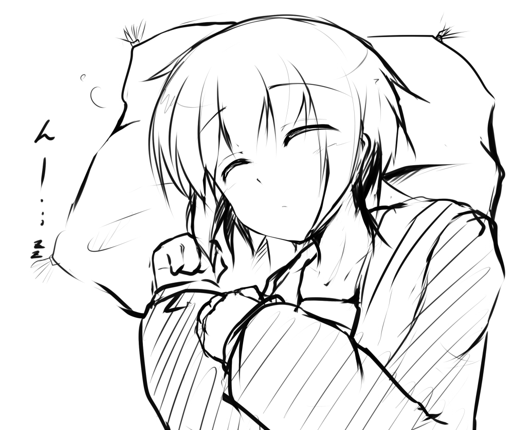 surikogi, nagato yuki, suzumiya haruhi no yuuutsu, 00s, greyscale, monochrome, pillow, short hair, sleeping, solo