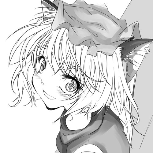 mota (mizuasagi), chen, touhou, lowres, 1girl, animal ears, cat ears, cat girl, earrings, female focus, greyscale, hat, jewelry, monochrome, short hair, solo, upper body, white background