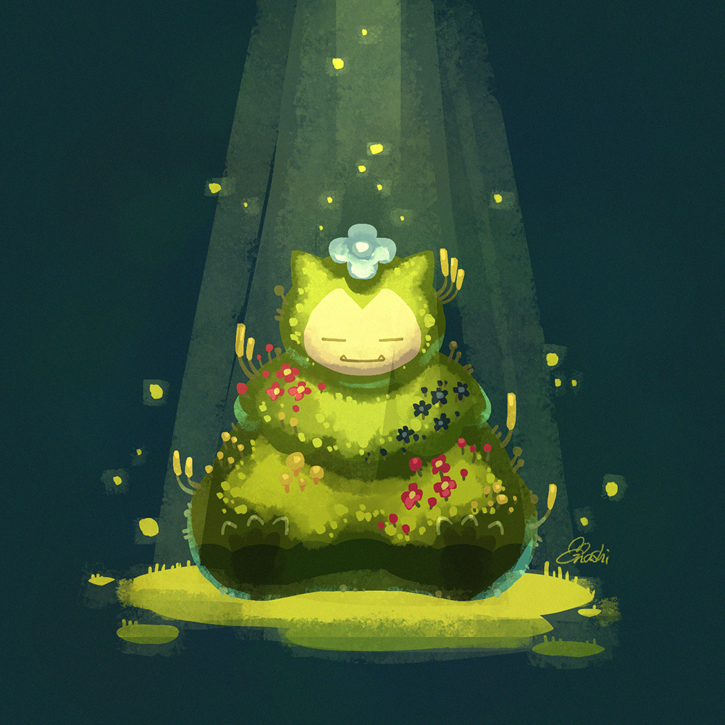 n20u28, snorlax, nintendo, pokemon, pokemon pokopia, commentary request, = =, closed eyes, closed mouth, fangs, flower, full body, gen 1 pokemon, light particles, light rays, moss, mosslax, no humans, pokemon (creature), pokemon focus, signature, sitting, solo, straight-on