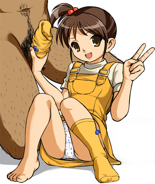 sandansu, kyon no imouto, suzumiya haruhi no yuuutsu, 00s, 1boy, 1girl, age difference, barefoot, brown hair, censored, clothed female nude male, dark skin, deep skin, erection, feet, hair bobbles, hair ornament, handjob, hetero, loli, male pubic hair, mosaic censoring, navel hair, nude, panties, penis, penis sheath, print panties, pubic hair, single sock, sock on penis, sockjob, socks, solo focus, underwear, upskirt, v