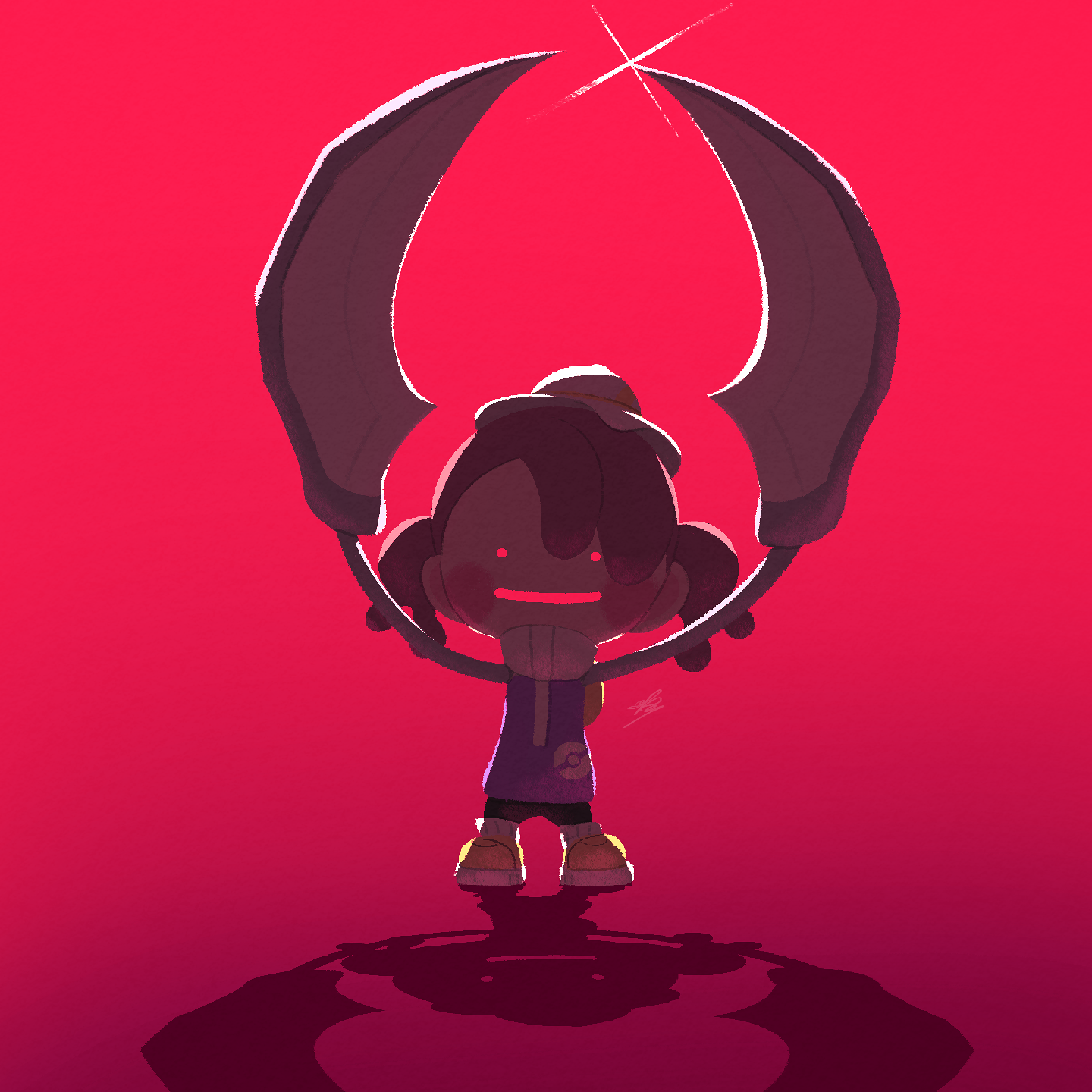 ewokakukaede, ditto, female protagonist (pokemon pokopia), scyther, transformed ditto, nintendo, pokemon, pokemon pokopia, commentary request, highres, 1girl, arms up, blade arm, blush, blush stickers, brown hair, full body, gen 1 pokemon, glint, hat, purple shirt, red background, red eyes, shadow, shirt, shoes, smile, solid circle eyes, solo, standing, straight-on, twintails, white hat, yellow shoes