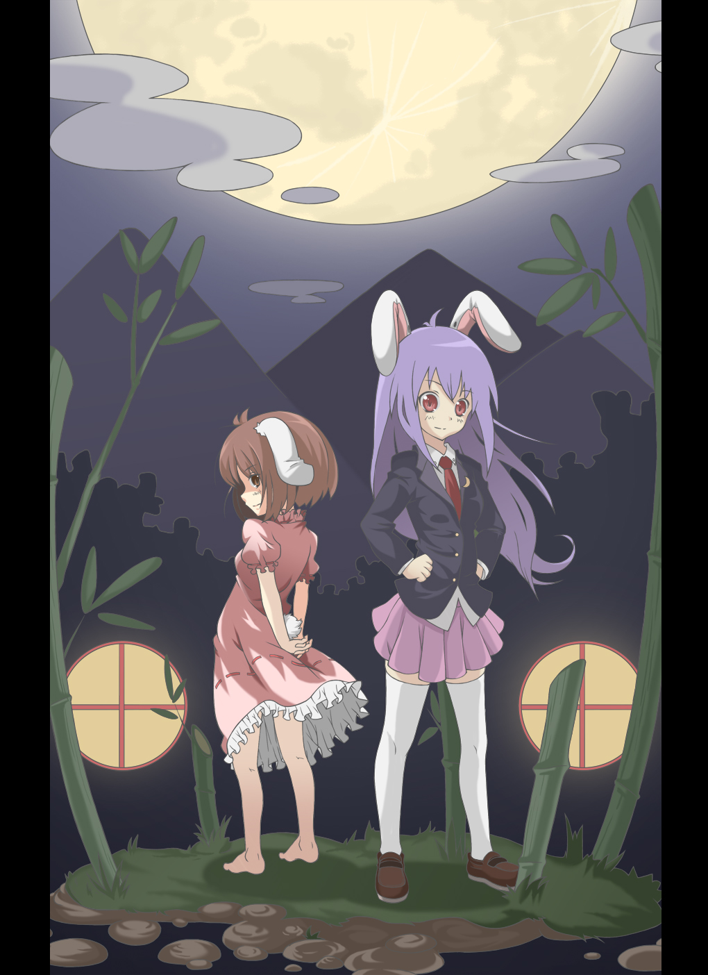 chonbo (artist), inaba tewi, reisen udongein inaba, touhou, bad id, bad pixiv id, highres, 2girls, animal ears, arms behind back, back-to-back, barefoot, blazer, brown hair, female focus, hands on own hips, jacket, long hair, moon, multiple girls, necktie, pillarboxed, pleated skirt, purple hair, rabbit ears, red eyes, round window, short hair, skirt, thighhighs, window