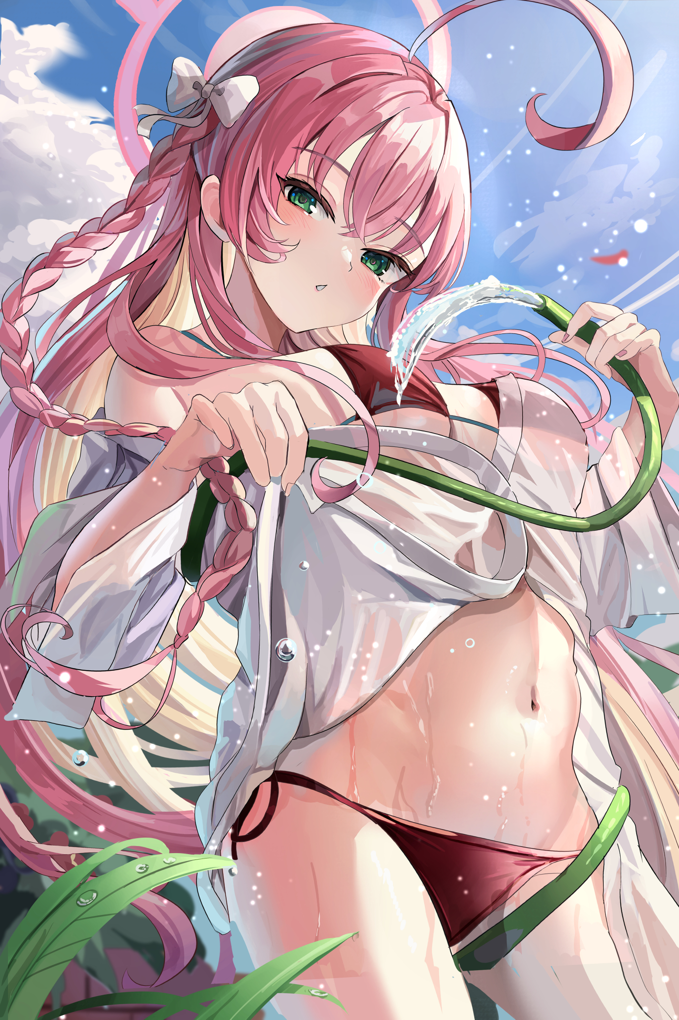 suidou chaahan, hanako (blue archive), hanako (swimsuit) (blue archive), blue archive, commentary, highres, 1girl, ahoge, bikini, blue sky, blush, bow, braid, breasts, cloud, cowboy shot, crossed bangs, day, eyelashes, floating hair, from below, green eyes, hair between eyes, hair bow, halo, holding, holding hose, hose, huge ahoge, large breasts, leaf, long hair, looking at viewer, navel, outdoors, oversized clothes, oversized shirt, parted lips, pink hair, pink halo, red bikini, see-through clothes, see-through shirt, shirt, side-tie bikini bottom, single braid, sky, solo, stomach, sunlight, swimsuit, very long hair, water, water drop, wet, wet clothes, wet shirt, white bow