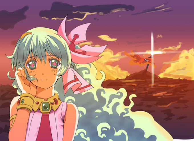 amaya yuu, nia teppelin, tengen toppa gurren lagann, + +, 00s, armlet, blue eyes, blue hair, bracelet, cross-shaped pupils, curly hair, flower, hair flower, hair ornament, hair ribbon, jewelry, long hair, multicolored hair, ribbon, smile, solo, sunset, symbol-shaped pupils