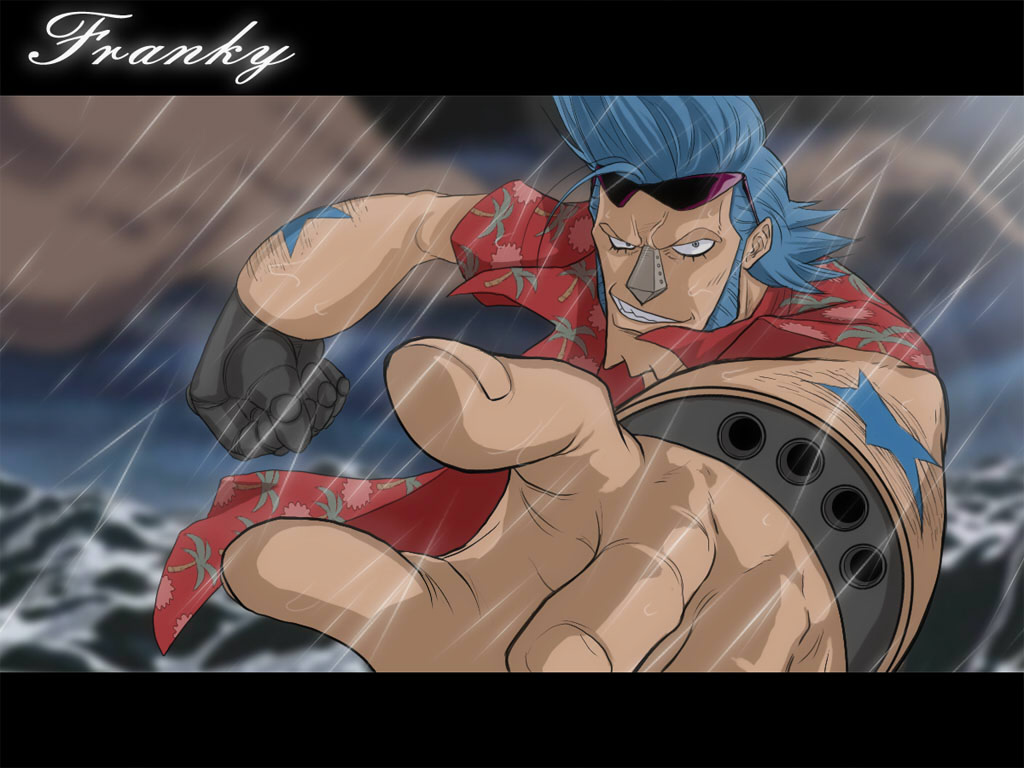 meguro fukuzou, franky (one piece), one piece, 1boy, amputee, blue hair, character name, cyborg, letterboxed, male focus, ocean, outdoors, prosthesis, prosthetic arm, rain, solo, sunglasses