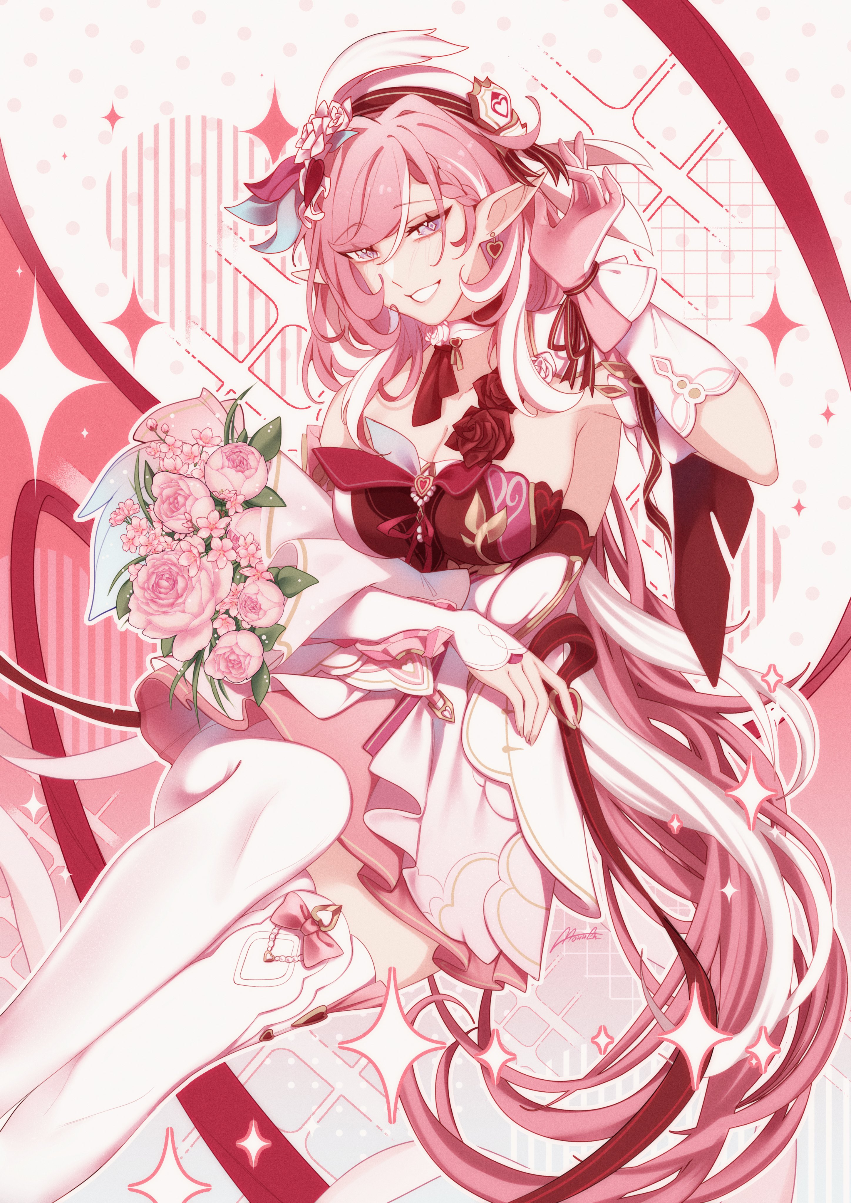pristinemori, elysia (hi love elf) (honkai impact), elysia (honkai impact), honkai (series), honkai impact 3rd, absurdres, commentary, highres, symbol-only commentary, 1girl, beret, bouquet, breasts, cleavage, diamond-shaped pupils, diamond (shape), dress, elf, flower, gloves, hat, holding, holding bouquet, large breasts, long hair, multicolored hair, pink gloves, pink hair, pointy ears, purple eyes, red dress, single glove, smile, solo, symbol-shaped pupils, thighhighs, thighs, two-tone dress, two-tone hair, very long hair, white dress, white hair, white thighhighs