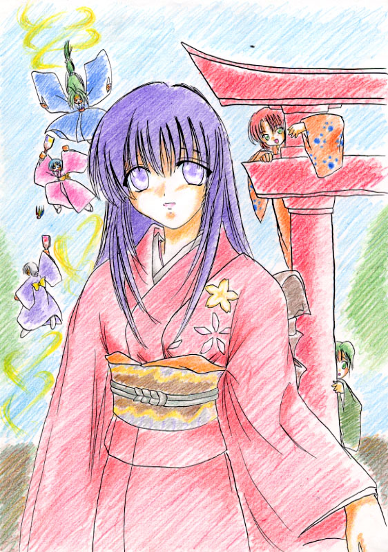 kizuyomina amayuki, kizuyomina asayuki, leefa chyao, yamazaki naomi, zhou lihua, blazing star, 6+girls, arch, green hair, japanese clothes, kimono, looking at viewer, multiple girls, outdoors, purple eyes, purple hair, torii