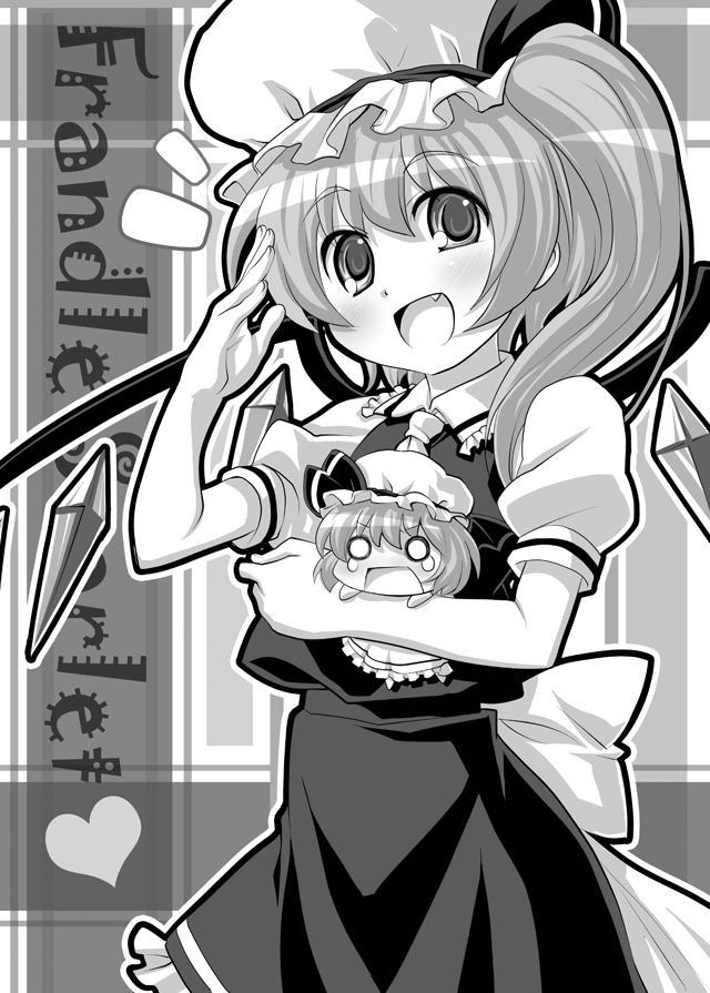 sakino shingetsu, flandre scarlet, remilia scarlet, touhou, 2girls, character name, chibi, fang, female focus, greyscale, hat, mini person, minigirl, monochrome, multiple girls, one side up, red eyes, side ponytail, skirt, vampire, wings