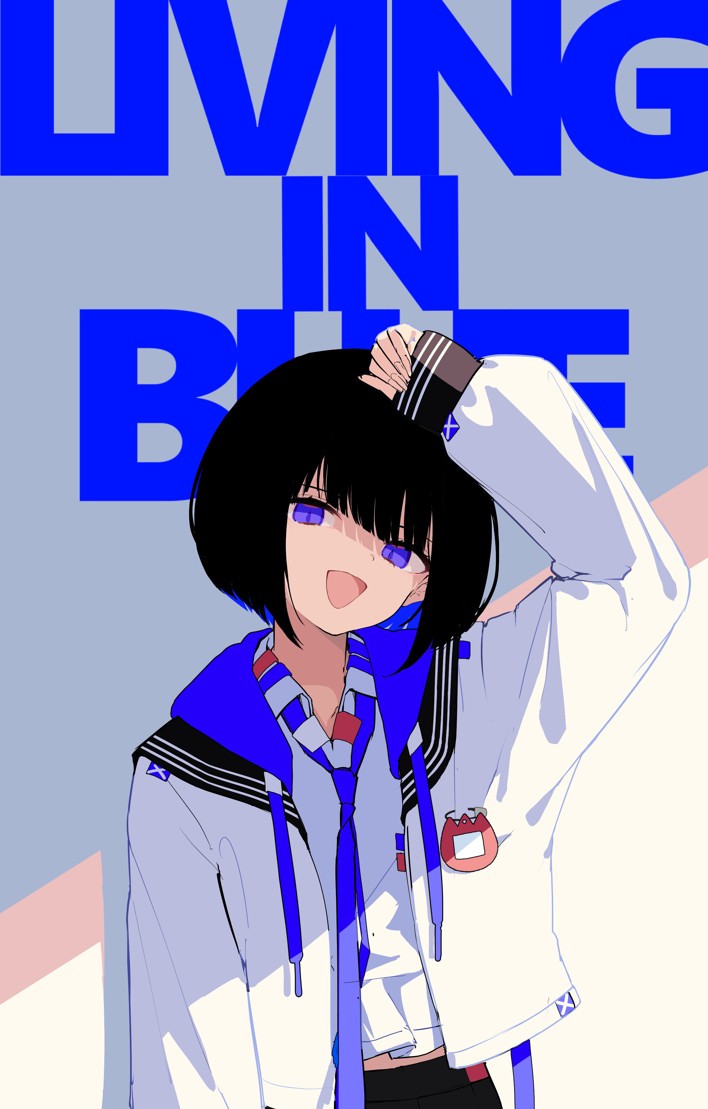 osisio, original, absurdres, highres, 1girl, :d, arm up, black hair, black skirt, bob cut, collared shirt, english text, head tilt, hood, hood down, jacket, long sleeves, looking at viewer, multicolored hair, open clothes, open jacket, open mouth, pleated skirt, puffy long sleeves, puffy sleeves, purple eyes, purple hair, shirt, short hair, skirt, sleeves past wrists, smile, solo, text background, two-tone hair, white jacket, white shirt