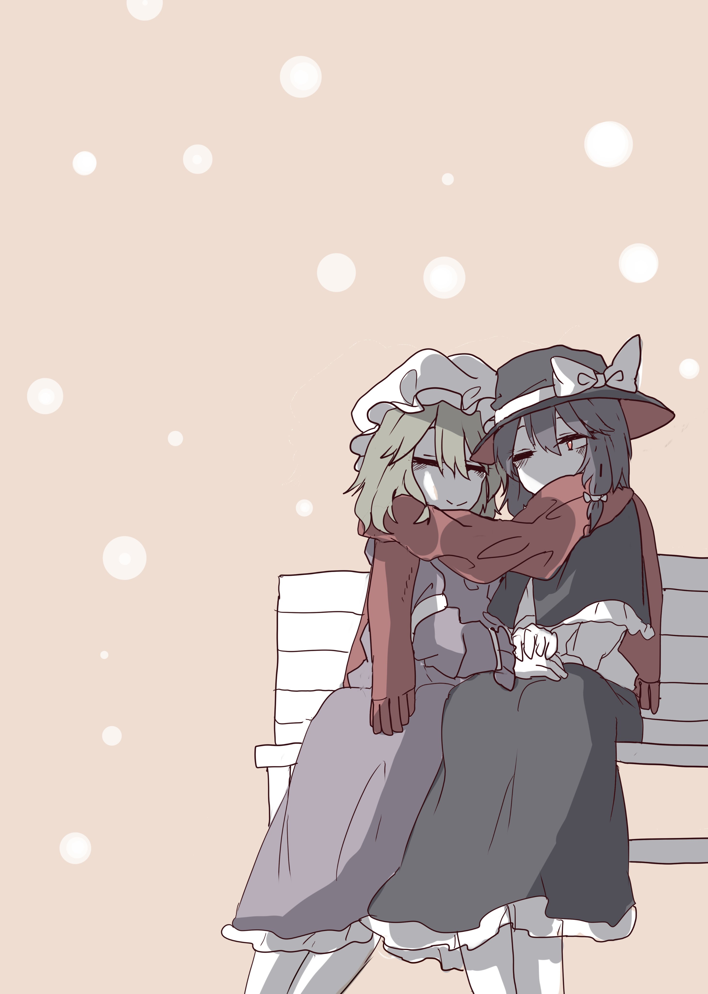 muraryo, maribel hearn, usami renko, touhou, absurdres, commentary, highres, 2girls, arm garter, bench, black capelet, black hair, black hat, black skirt, blonde hair, blush, bow, capelet, closed eyes, dress, frills, hair between eyes, hand on another's hand, hat, hat bow, long dress, long skirt, long sleeves, mob cap, multiple girls, on bench, one eye closed, purple dress, red eyes, red scarf, scarf, shared clothes, shared scarf, shirt, short hair, simple background, sitting, skirt, smile, snow, snow print, snowing, socks, white arm garter, white bow, white hat, white shirt, white socks, winter, yuri