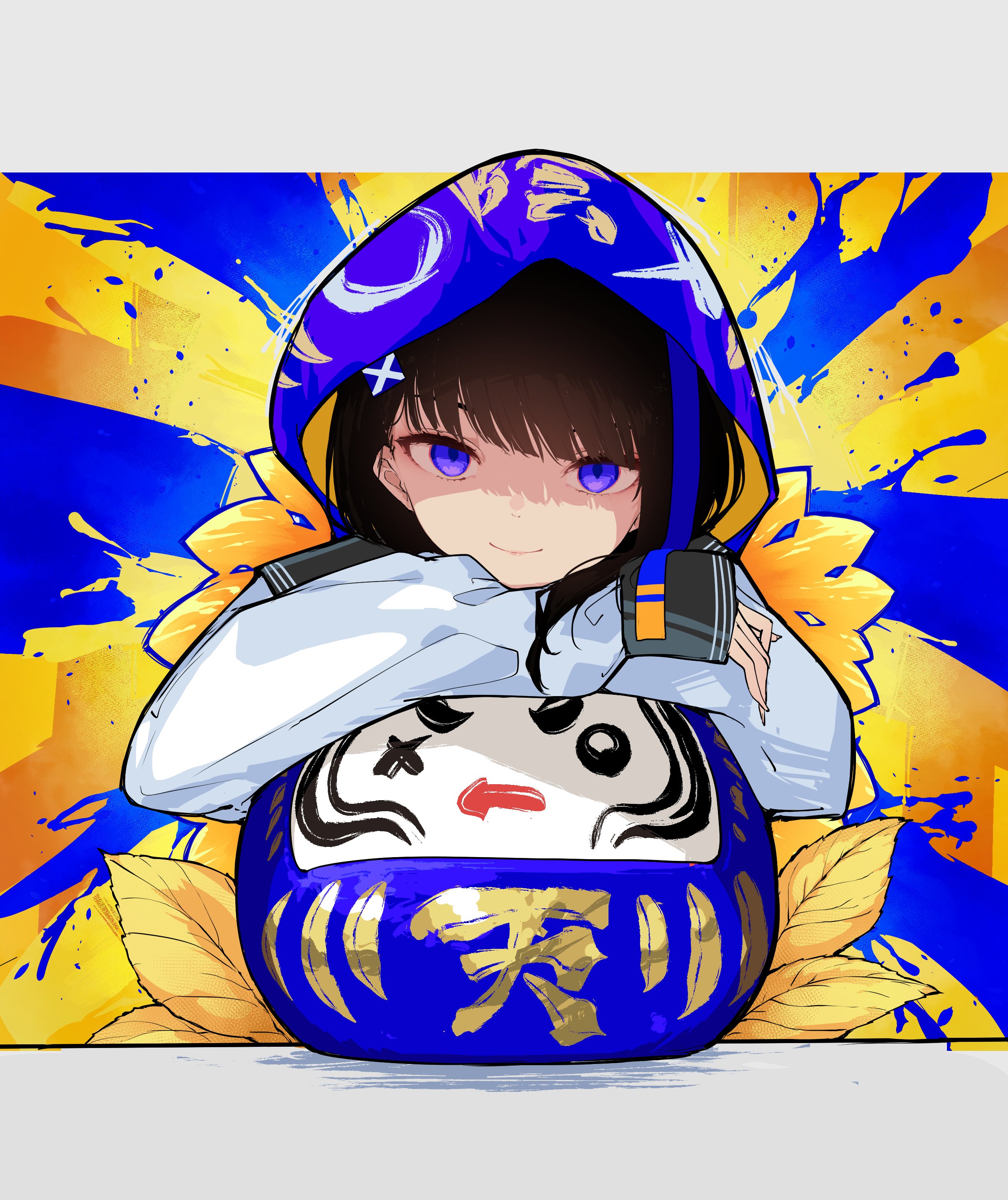 osisio, original, absurdres, highres, 1girl, black hair, closed mouth, daruma doll, drawstring, hood, hood up, leaf, long sleeves, looking at viewer, puffy long sleeves, puffy sleeves, purple eyes, shirt, sleeves past wrists, smile, solo, upper body, white shirt