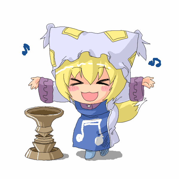 abekawa, yakumo ran, touhou, > <, > <, 1girl, :d, aged down, animal hat, blonde hair, chibi, closed eyes, female focus, fox tail, hat, long sleeves, mob cap, musical note, open mouth, short hair, smile, solo, tail, tassel, white background, wide sleeves, xd