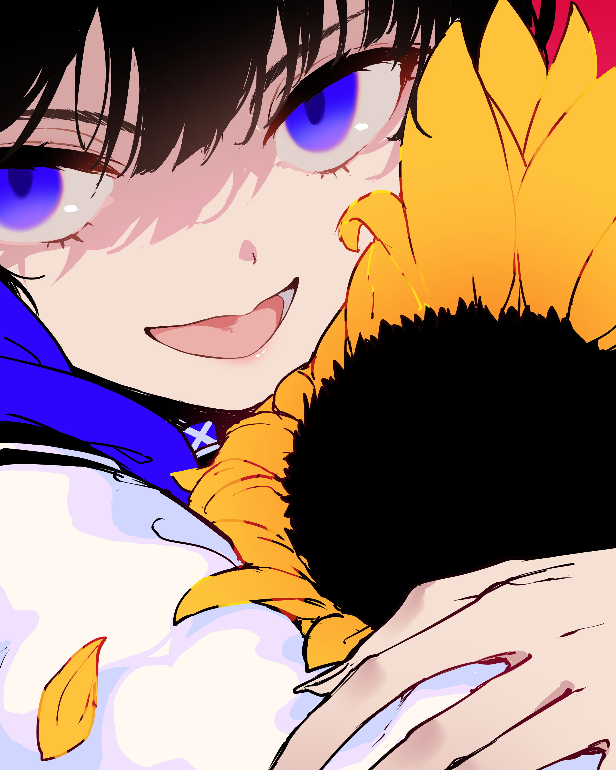 osisio, original, absurdres, highres, 1girl, :d, flower, hood, hood down, hugging object, long sleeves, looking at viewer, open mouth, petals, puffy long sleeves, puffy sleeves, purple eyes, red background, shirt, smile, solo, sunflower, white shirt, yellow flower