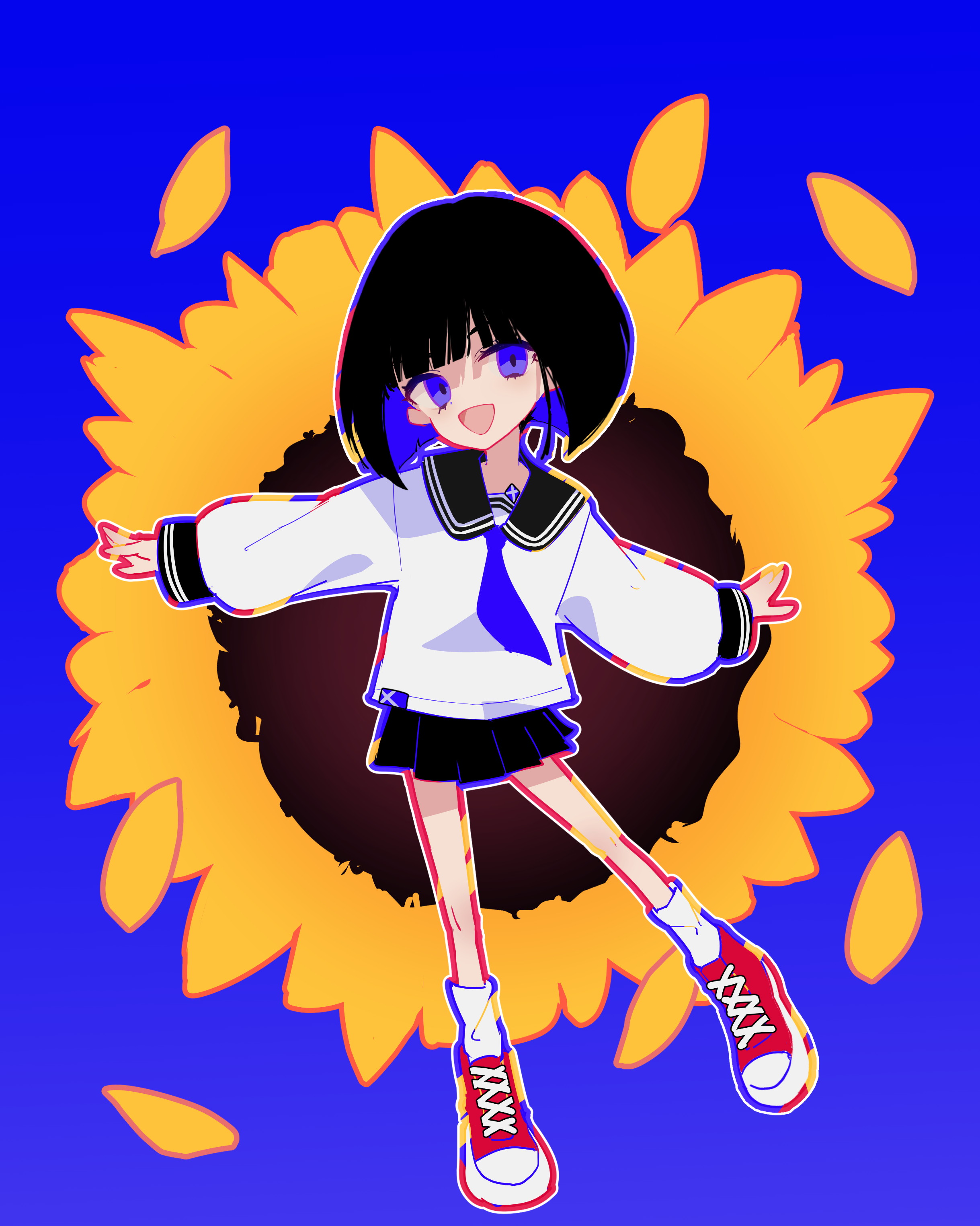 osisio, original, absurdres, highres, 1girl, :d, black hair, black skirt, blue background, bob cut, flower, full body, long sleeves, looking at viewer, multicolored hair, open mouth, petals, pleated skirt, puffy long sleeves, puffy sleeves, purple eyes, purple hair, red shoes, shirt, shoes, short hair, simple background, skirt, smile, socks, solo, sunflower, two-tone hair, white shirt, white socks, yellow flower