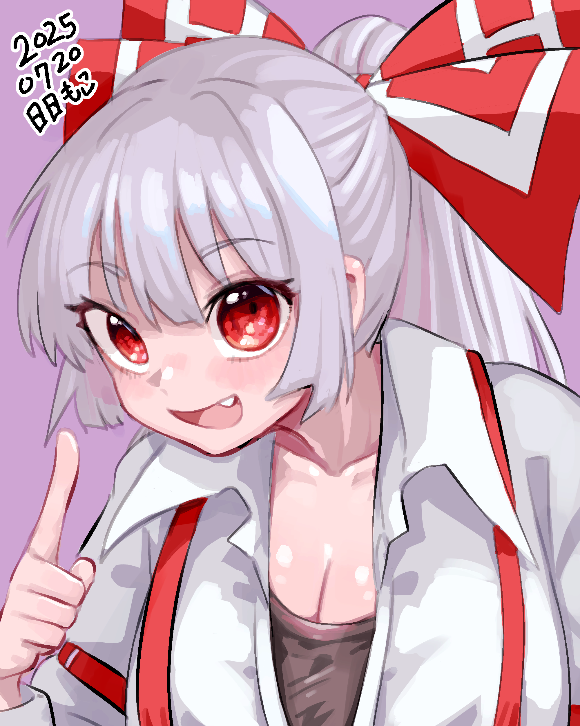 neophyte, fujiwara no mokou, touhou, absurdres, commentary request, highres, 1girl, :d, blush, bow, breasts, cleavage, collared shirt, dated, fang, grey hair, hair bow, index finger raised, large breasts, long hair, open mouth, ponytail, purple background, red bow, red eyes, red suspenders, shirt, simple background, smile, solo, suspenders, upper body, white bow, white shirt, wing collar