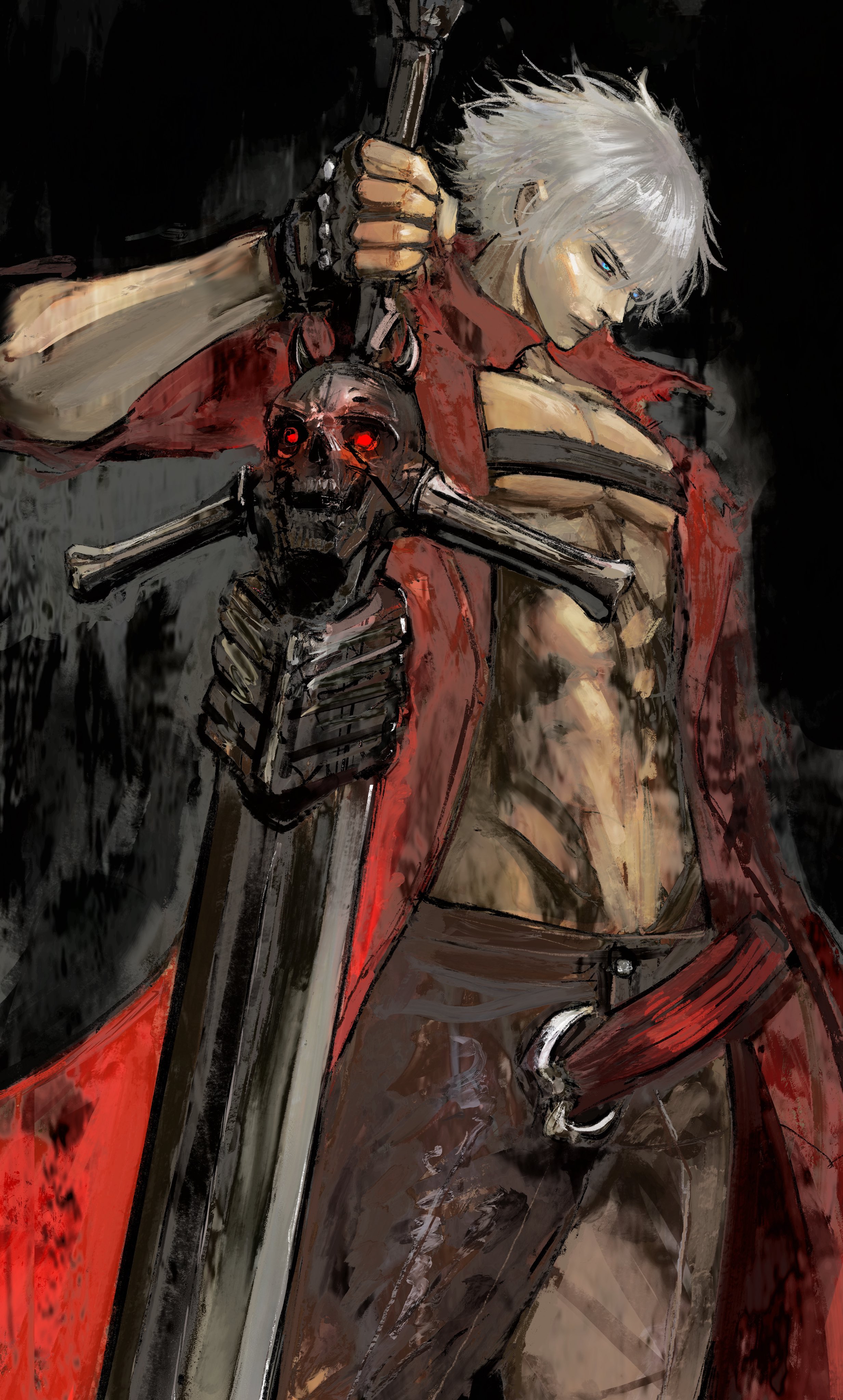 kyezzzz, dante (devil may cry), devil may cry, devil may cry (series), devil may cry 3, absurdres, highres, 1boy, abs, arm up, bare pectorals, black gloves, black pants, blue eyes, chest strap, closed mouth, coat, collared coat, cowboy shot, fingerless gloves, gloves, glowing, glowing eyes, groin, holding, holding sword, holding weapon, male focus, navel, open clothes, open coat, pants, pectorals, red coat, short hair, solo, standing, sword, toned, toned male, weapon, white hair