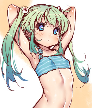 kink (tortoiseshell), striped, lowres, 1girl, aqua hair, armpits, arms behind head, blonde hair, blue eyes, blush, female focus, flat chest, flower, gradient hair, green hair, hair flower, hair ornament, long hair, multicolored hair, navel, solo, sports bra, twintails