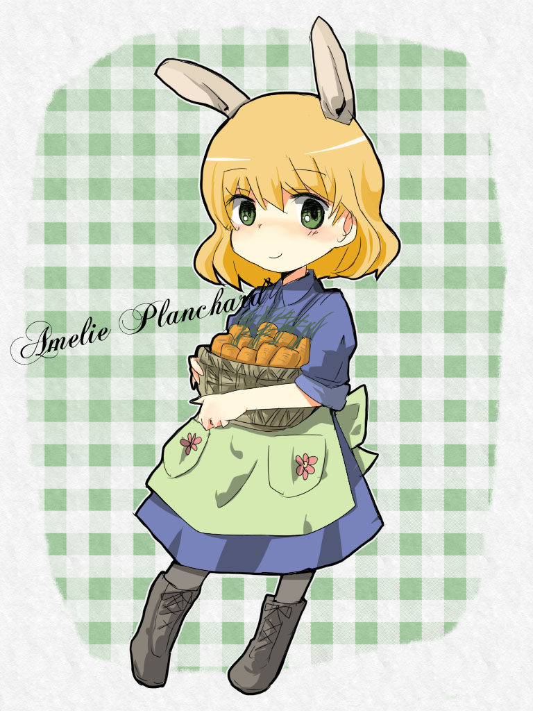 kiko (strategist), amelie planchard, strike witches, strike witches: katayoku no majo-tachi, world witches series, 00s, 1girl, animal ears, apron, blonde hair, carrot, female focus, green eyes, rabbit ears, rabbit girl, short hair, solo