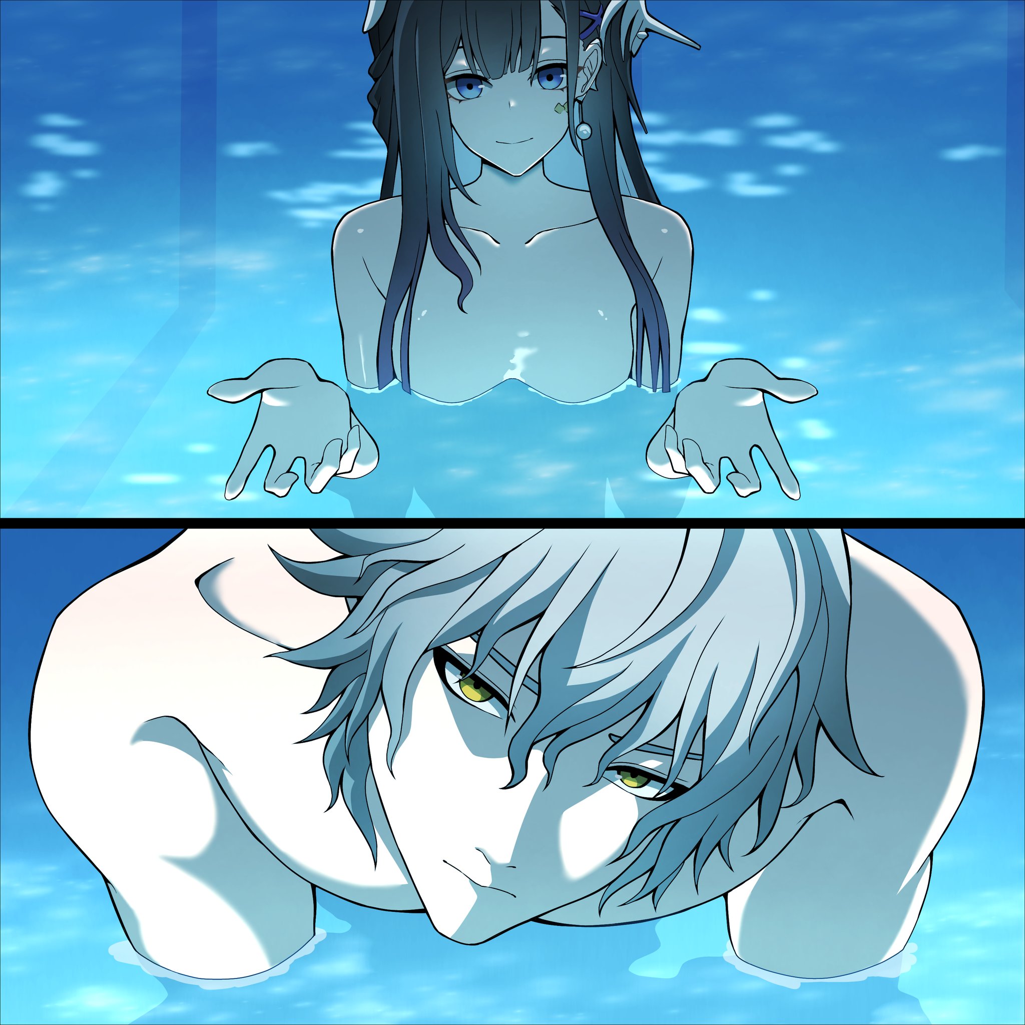caelus (honkai: star rail), hysilens (honkai: star rail), trailblazer (honkai: star rail), honkai: star rail, honkai (series), highres, 1boy, 1girl, aperson4189923, i'll teach you everything (chainsaw man), implied nudity, in water, movie reference, open hands, parody, partially submerged, pool, scene reference, skinny dipping, water, wet