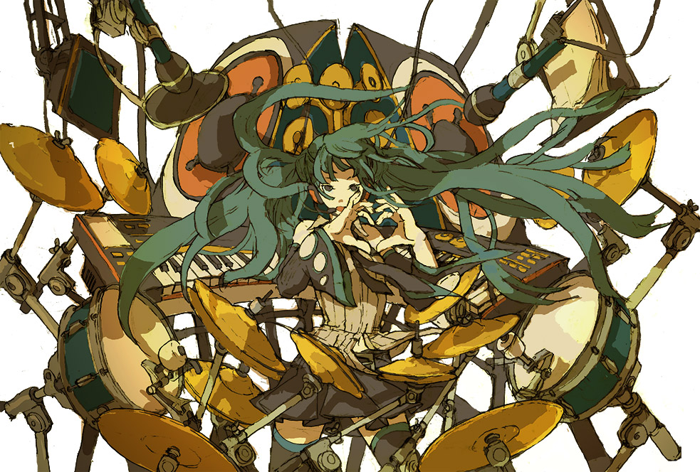 gecco, hirasawa geko, skywheel, hatsune miku, vocaloid, bad id, bad pixiv id, 1girl, detached sleeves, female focus, four-finger heart hands, green hair, headphones, heart, heart hands, instrument, long hair, necktie, skirt, solo, thighhighs, twintails, very long hair, zettai ryouiki