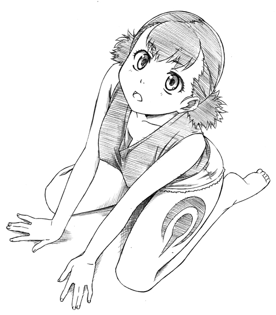 iwahara yuuji, sawa jaaji, yuji iwahara, hasutani kotori, gakuen sousei nekoten!, :o, barefoot, greyscale, kneeling, monochrome, short hair, solo, tattoo