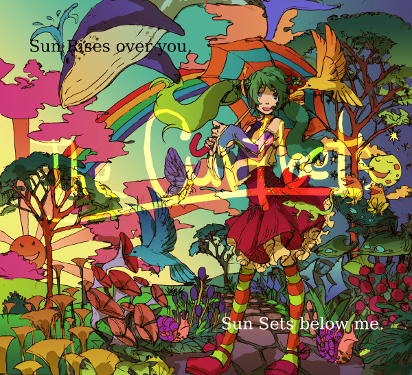 gecco, hirasawa geko, skywheel, hatsune miku, vocaloid, bad id, bad pixiv id, 1girl, female focus, flower, green eyes, green hair, matching hair/eyes, parasol, solo, striped clothes, striped thighhighs, thighhighs, twintails, umbrella