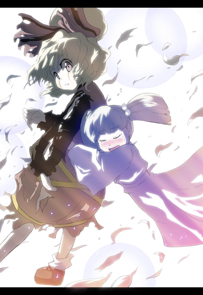 shape, syope, kisume, kurodani yamame, touhou, highres, 2girls, blonde hair, blush, bow, female focus, green hair, hair bobbles, hair bow, hair ornament, letterboxed, multiple girls, short hair, tears, torn clothes, twintails