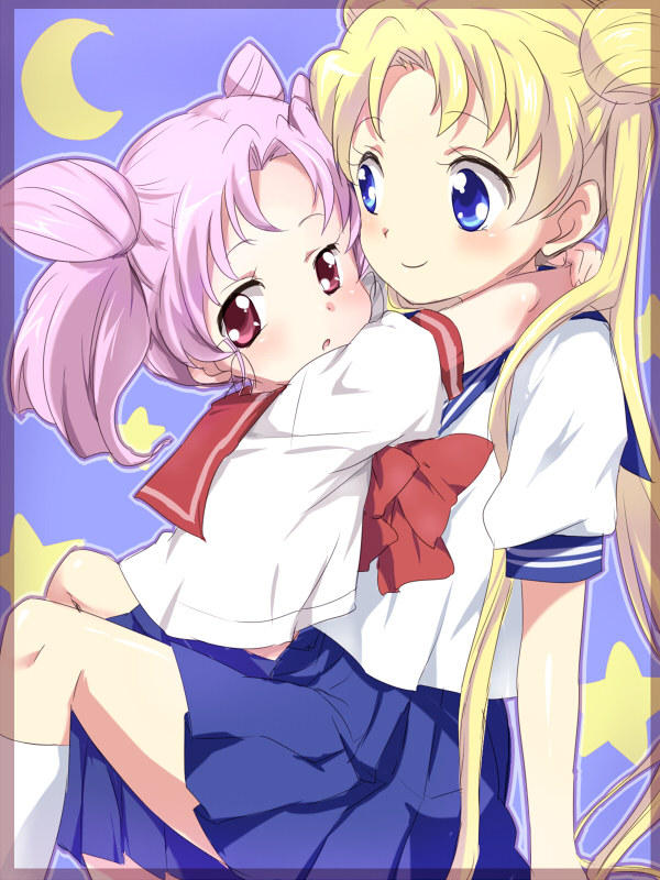maruki (punchiki), chibi usa, tsukino usagi, bishoujo senshi sailor moon, bad id, 1990s (style), 2girls, blonde hair, blue eyes, blue sailor collar, bow, child, cone hair bun, double bun, hair bun, hug, long hair, multiple girls, pink eyes, pink hair, red bow, retro artstyle, sailor collar, school uniform, serafuku, short twintails, twintails