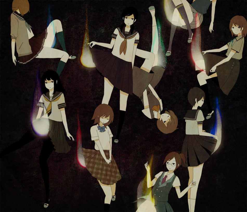 odori (super normal), super normal, original, 6+girls, a world underneath, black hair, brown eyes, clothes lift, fire, glasses, multiple girls, pantyhose, school uniform, serafuku, short hair, skirt, skirt lift