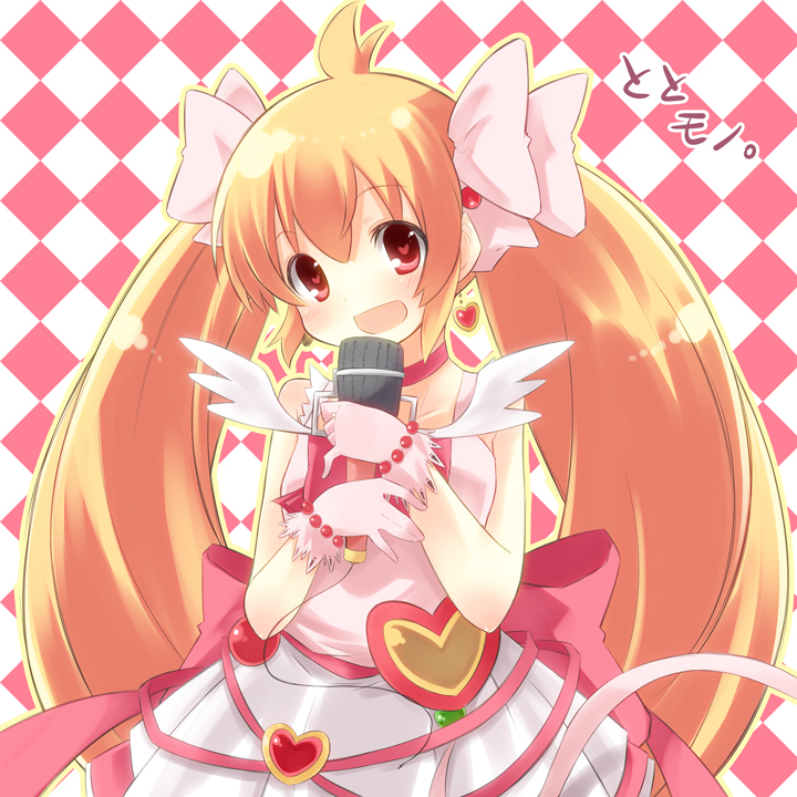 mukunoki nanatsu, nanatsu, human (totomono), ken to mahou to gakuen mono, ken to mahou to gakuen mono 2, bad id, bad pixiv id, 1girl, argyle background, argyle clothes, blush, brown hair, choker, dress, earrings, female focus, gloves, hair ribbon, heart, jewelry, long hair, microphone, red eyes, ribbon, solo, twintails