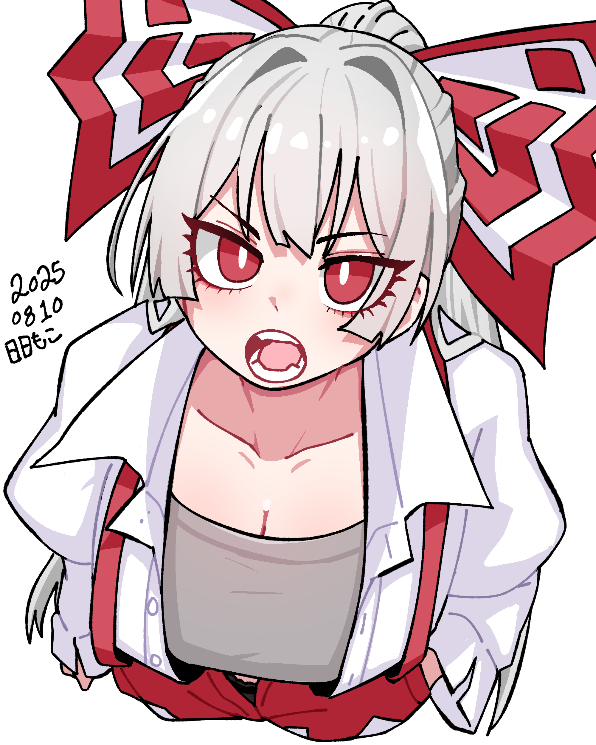 neophyte, fujiwara no mokou, touhou, absurdres, commentary request, highres, 1girl, :o, bow, breasts, bright pupils, cleavage, collarbone, collared shirt, dated, from above, grey hair, grey shirt, hair bow, large breasts, long hair, open clothes, open fly, open mouth, open shirt, pants, ponytail, red bow, red eyes, red pants, red suspenders, shirt, simple background, solo, suspenders, transparent background, unbuttoned, undone sleeve cuffs, v-shaped eyebrows, white bow, white pupils, white shirt