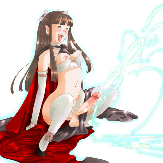 yozora, 1futa, arm support, blush, breasts, brown eyes, brown hair, cape, covered erect nipples, cum, ejaculation, elbow gloves, fangs, full-package futanari, futanari, futanari masturbation, gloves, long hair, masturbation, navel, nipples, open mouth, penis, pointy ears, projectile cum, revealing clothes, ribbon, solo, squatting, testicles, thighhighs, vampire, white thighhighs