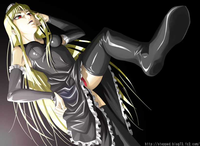 hinoki (hinoki-buro), hime (kaibutsu oujo), kaibutsu oujo, 00s, blonde hair, leg up, long hair, panties, red eyes, thighhighs, underwear, zettai ryouiki