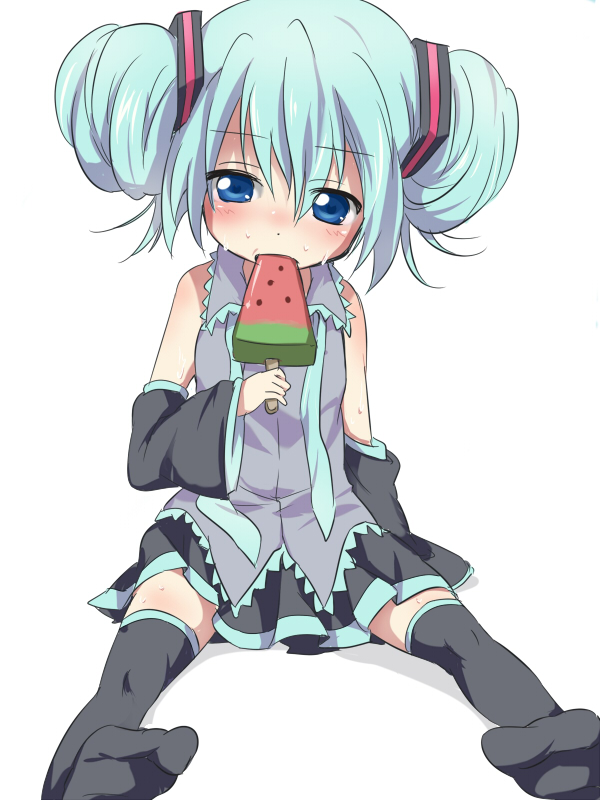 maruki (punchiki), hatsune miku, vocaloid, bad id, 1girl, aged down, alternate hairstyle, aqua eyes, aqua hair, blue eyes, blush, child, detached sleeves, double bun, female focus, food, fruit, green hair, hair bun, long hair, necktie, popsicle, simple background, sitting, skirt, solo, sweat, thighhighs, twintails, watermelon, watermelon bar, zettai ryouiki
