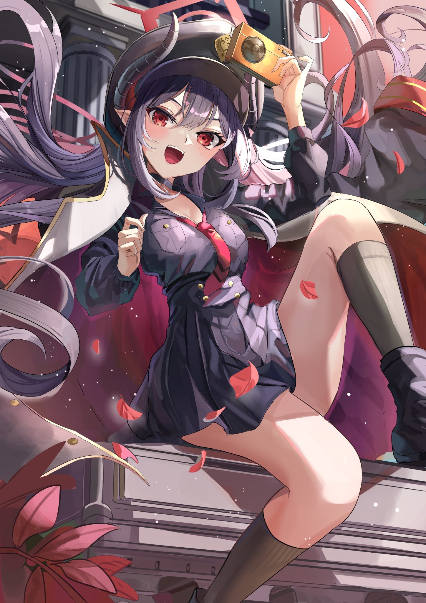 suidou chaahan, chiaki (blue archive), blue archive, hashtag-only commentary, highres, 1girl, :d, black boots, black choker, black coat, black hair, black hat, black horns, black shirt, black skirt, black socks, blush, boots, breast pocket, breasts, camera, choker, cleavage, coat, coat on shoulders, demon girl, demon horns, eyelashes, falling leaves, floating hair, foot out of frame, hair between eyes, halo, hands up, happy, hat, high-waist skirt, holding, holding camera, horns, knee up, kneehighs, leaf, long hair, long sleeves, looking at viewer, necktie, open mouth, outdoors, peaked cap, pleated skirt, pocket, pointy ears, red eyes, red halo, red necktie, school uniform, shirt, sidelocks, sitting, skirt, smile, socks, solo, teeth, thighs, upper teeth only, v-shaped eyebrows, very long hair
