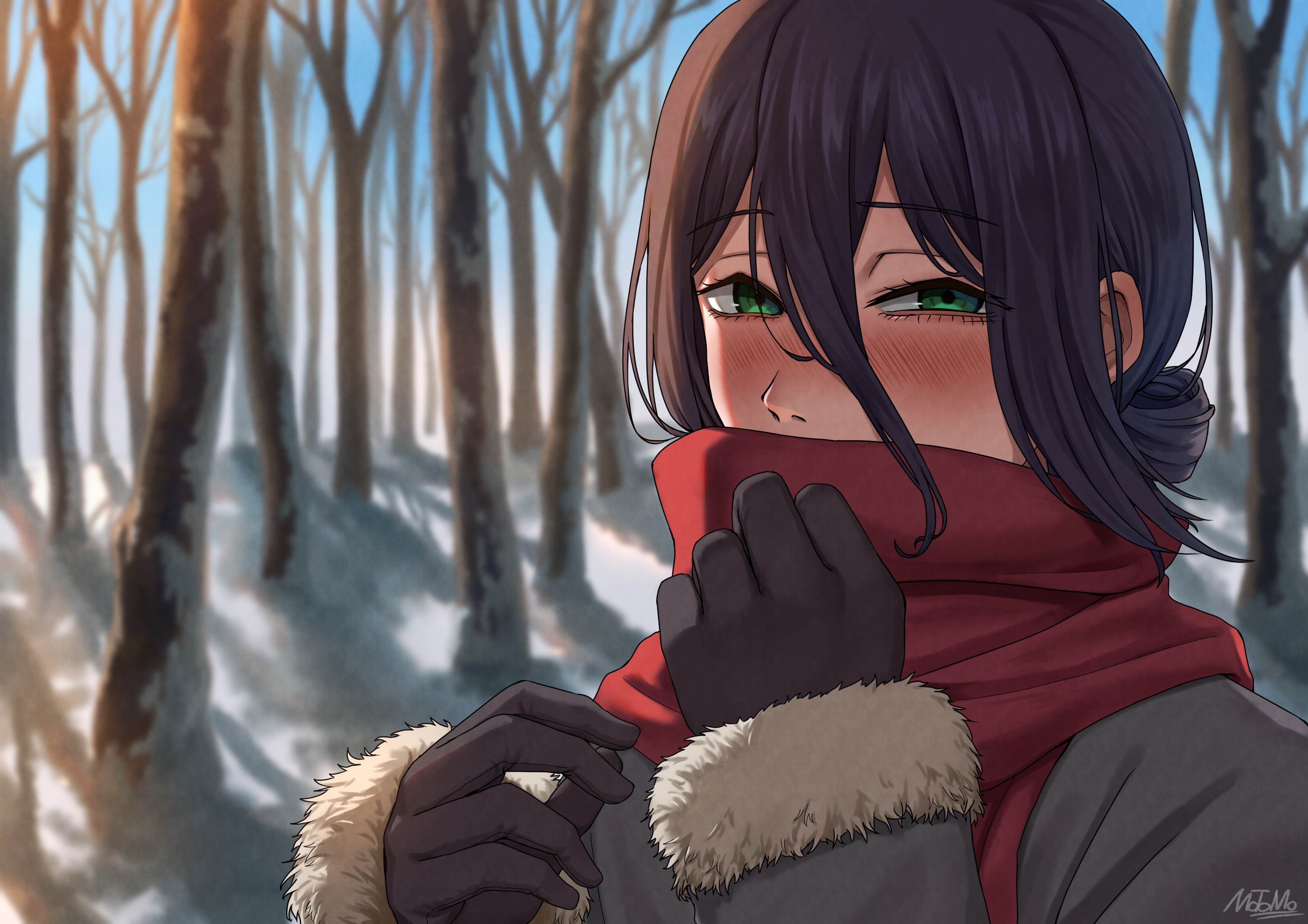 matomo, reze (chainsaw man), chainsaw man, absurdres, highres, 1girl, bare tree, black gloves, black hair, blue sky, blush, coat, fur-trimmed sleeves, fur trim, gloves, green eyes, grey coat, hair between eyes, hair bun, looking at viewer, morning, outdoors, red scarf, scarf, scarf over mouth, sky, snow, solo, tree, winter clothes